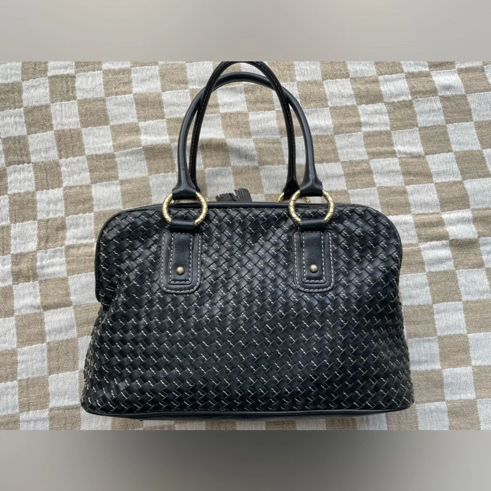 Antonio Melani Black Intrecciato Genuine Leather Satchel Handbag Gold Hardware